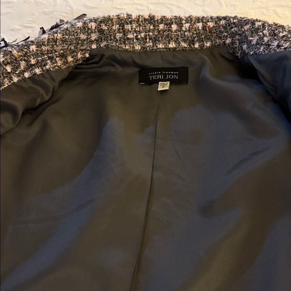 Teri Jon  Gray &Pink Tweed Jacket and skirt with Ribbon Accents 8 Neiman Marcus - Picture 8 of 12